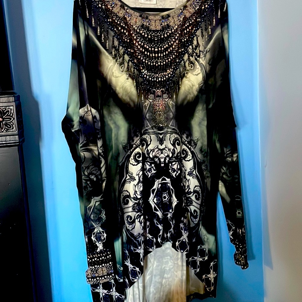 Camilla , 1X Tunic , spandex , gloved sleeve , jeweled 1worn , Rwnnaisance $500